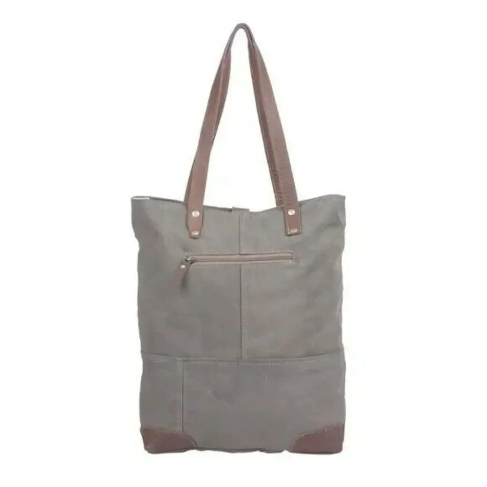 Myra Bag Handmade Time Tote Bag Upcycled Canvas & Cowhide Leather